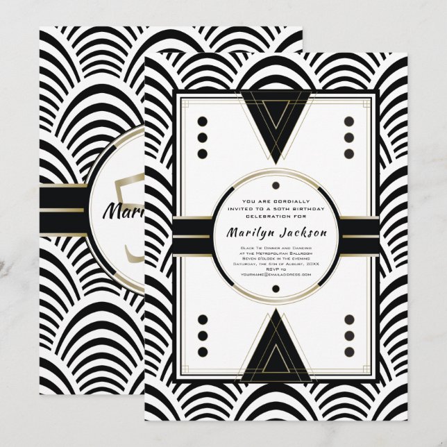 Black Tie 50th Birthday Party Elegant Art Deco Invitation (Front/Back)