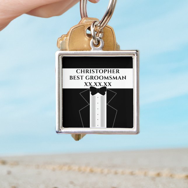 Black Tie Best Groomsman Tuxedo Wedding Keychain (Perfect gift for your best man or groomsman. Just add his name and your wedding date)