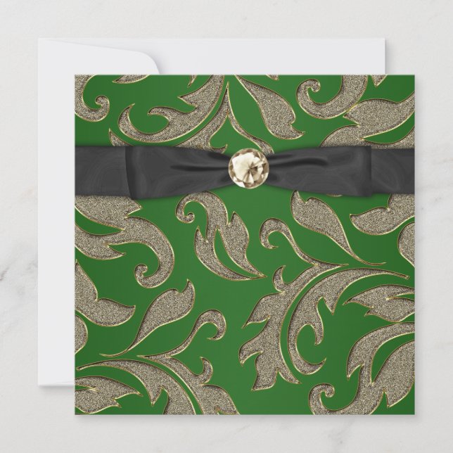 Black Tie Black Gold Green Damask Party Invitation (Front)