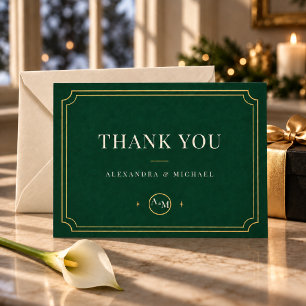 Black Tie Christmas Emerald Green & Gold Monogram Thank You Card