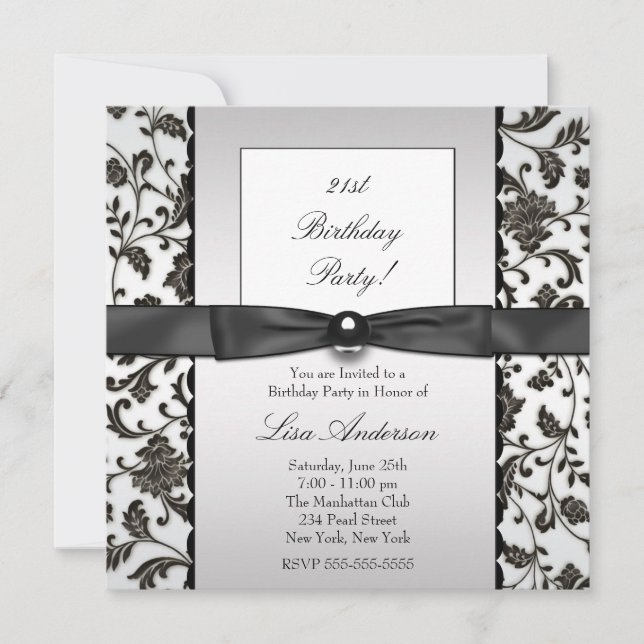 Black Tie Damask Womans 21st Birthday Party Invitation (Front)