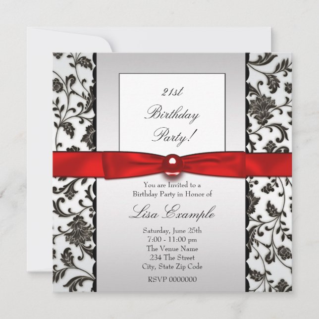 Black Tie Damask Womans Birthday Party Invitation (Front)
