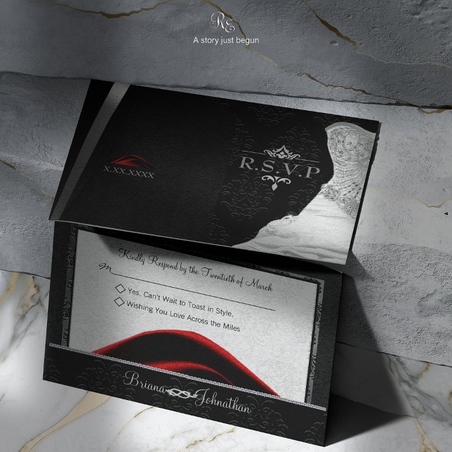 Black Tie Diamond RSVP Card (Black Tie Diamond RSVP, featuring tuxedo and gown design with diamond love knot and fleur-de-lis.)