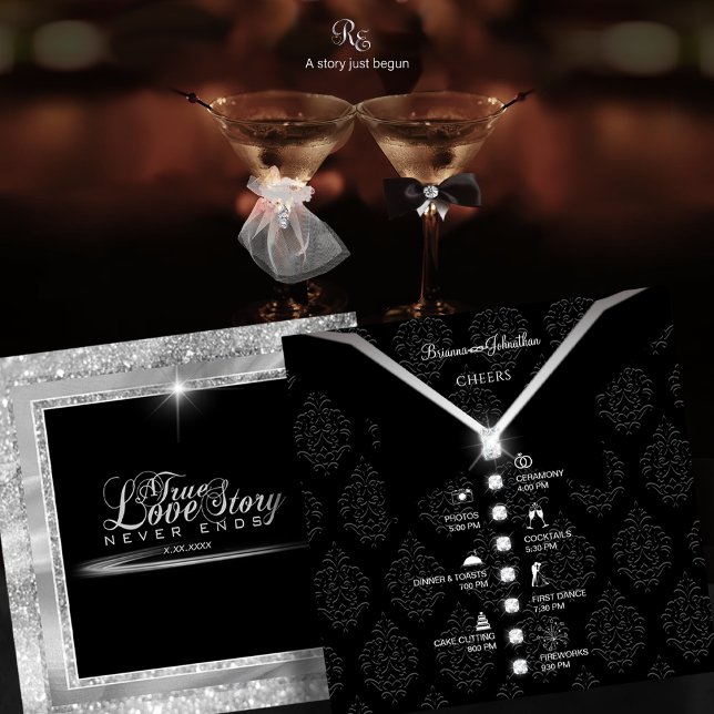 Black Tie Diamond Timeline Card (Black Tie Diamond Timeline Card front and back view showcasing full wedding itinerary design.)