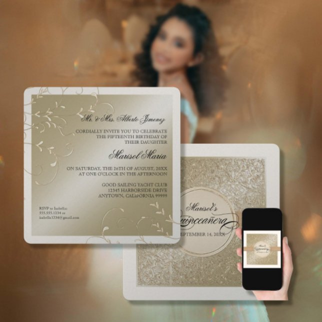 Black Tie Elegance, Champagne Cream Quinceanera Invitation (Creator Uploaded)
