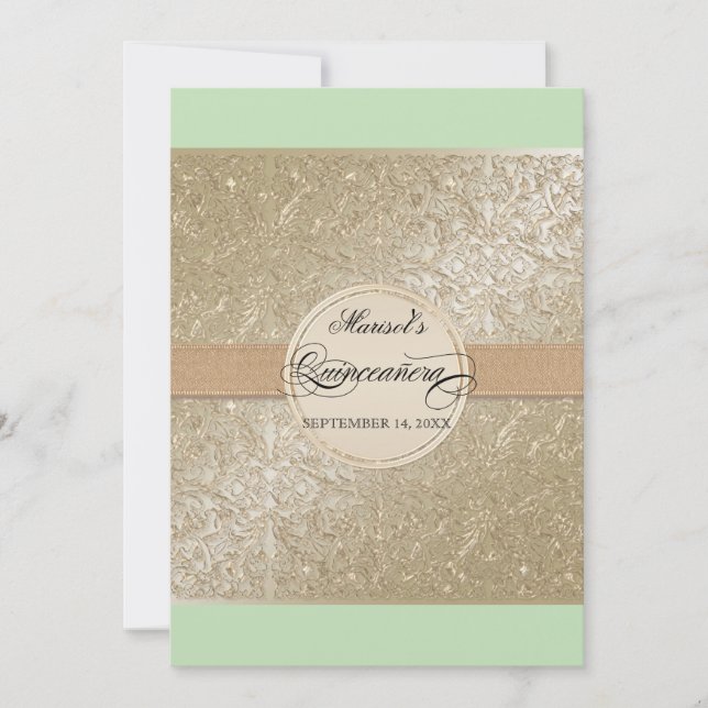 Black Tie Elegance, Mint Green Cream Quinceanera Invitation (Front)