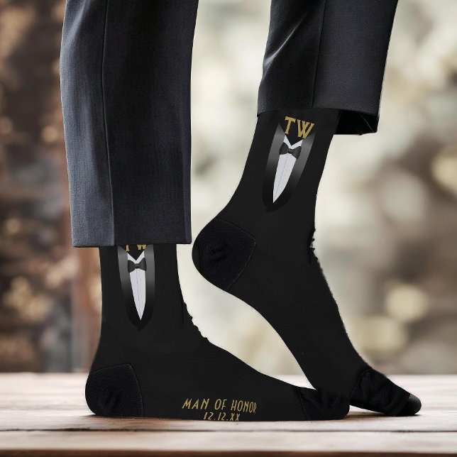 Black Tie Gatsby Man Of Honour Funny Tuxedo Weddin Socks (Classy Tuxedo socks for your Man of Honor or any member of your wedding party. Just add their name)