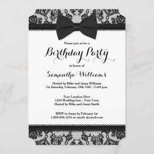 Black Tie Lace and Bow Birthday Party Invitation