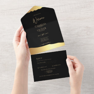 Black Tie Wedding Gold Foil Script Elegant Event All In One Invitation