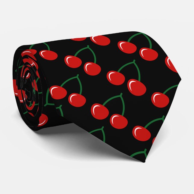Black tie with red cherries pattern (Rolled)