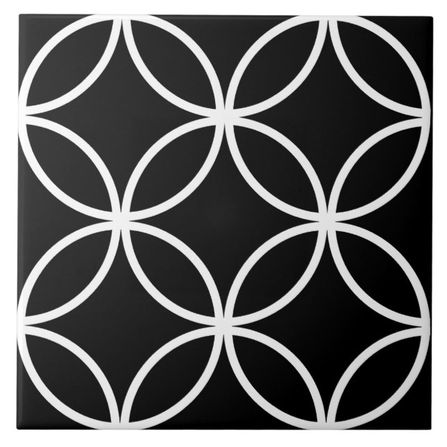 Black tile, white repeating circle leaf pattern ceramic tile (Front)