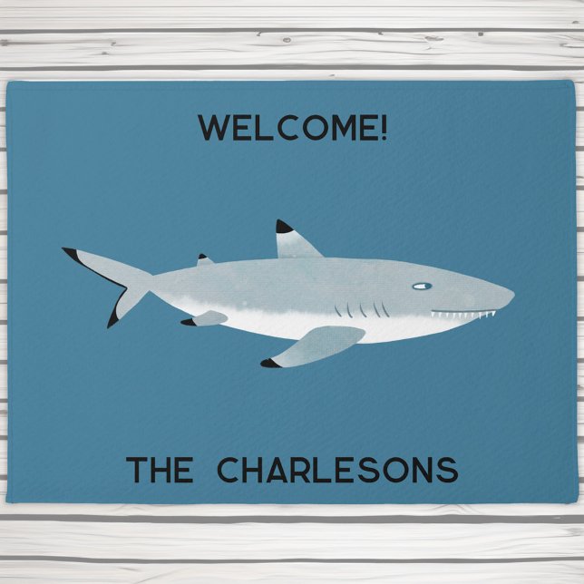 Black Tipped Reef Shark Fun Personalised Doormat (Fun Black Tipped Reef Shark personalized coastal humor doormat for you boat or beach house)