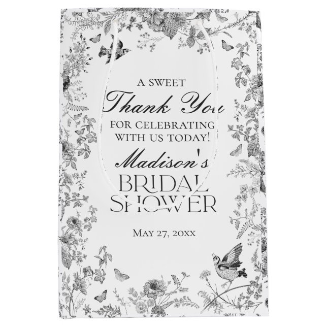 Black Toile De Jouy Bridal Shower Favours Medium Gift Bag (Front)