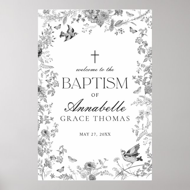 Black Toile De Jouy Floral Baptism Welcome Sign (Front)