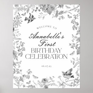 Black Toile de Jouy Floral Birthday Welcome Sign