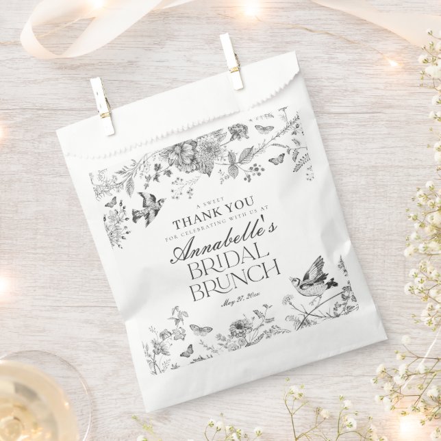 Black Toile De Jouy Floral Bridal Brunch Dessert Favour Bag (Clipped)
