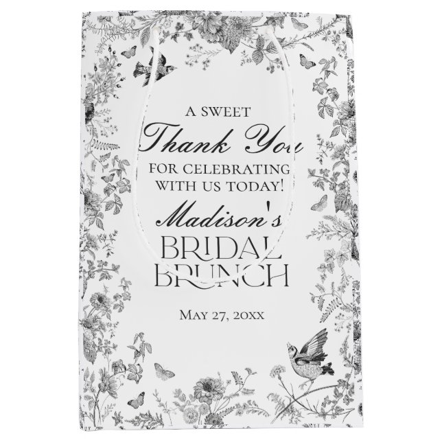 Black Toile De Jouy Floral Bridal Brunch Favours Medium Gift Bag (Front)