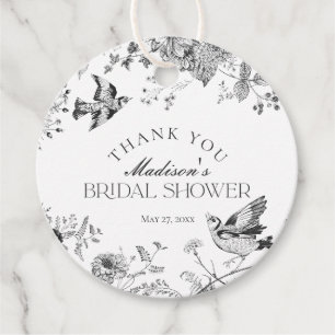 Black Toile De Jouy Floral Bridal Shower Favour Tags