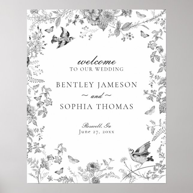 Black Toile De Jouy Floral Wedding Welcome Sign (Front)