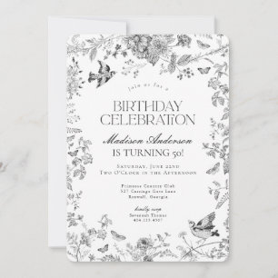 Black Toile De Jouy French Floral Birthday Party Invitation