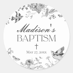 Black Toile De Jouy Vintage Floral Baptism Favour Classic Round Sticker