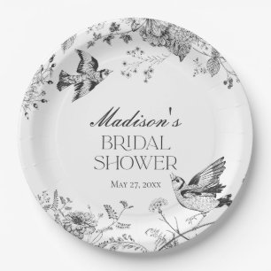 Black Toile De Jouy Vintage Floral Bridal Shower Paper Plate