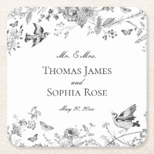 Black Toile De Jouy Vintage Floral Wedding Square Paper Coaster