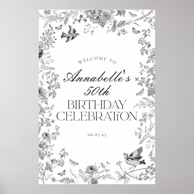 Black Toile Floral Birthday Party Welcome Sign (Front)