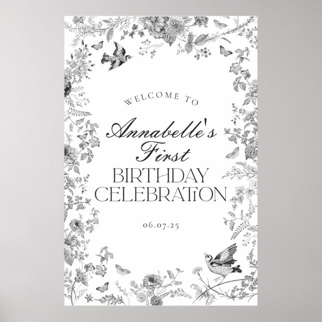 Black Toile Floral Birthday Party Welcome Sign (Front)
