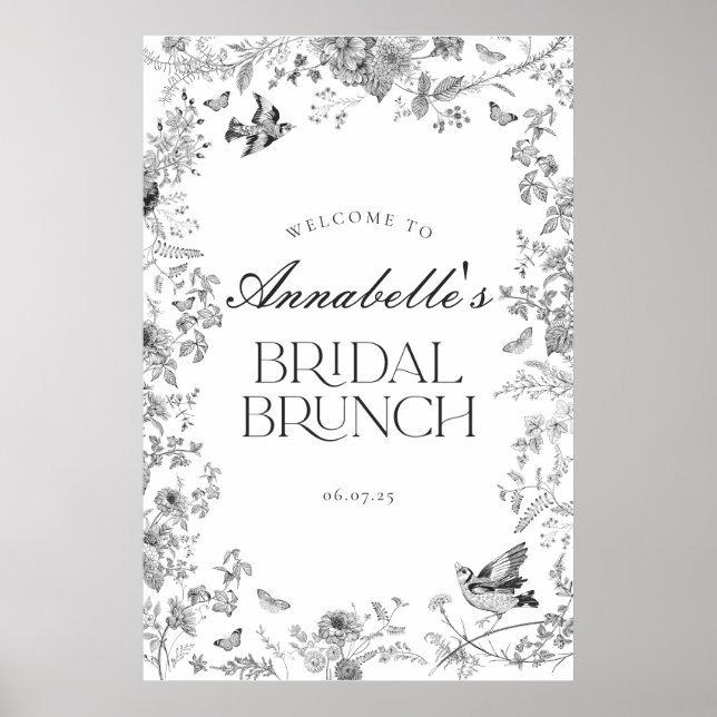 Black Toile Jouy Floral Bridal Brunch Welcome Sign (Front)
