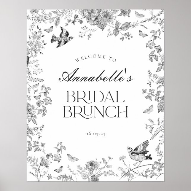 Black Toile Jouy Floral Bridal Brunch Welcome Sign (Front)