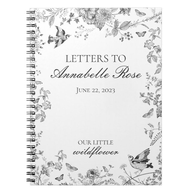 Black Toile Jouy Floral Letters to Birthday Girl Notebook (Front)