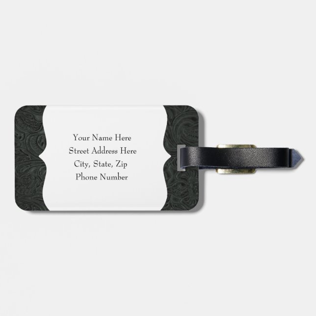 Black Tooled Leather Look Luggage Tag (Back Horizontal)