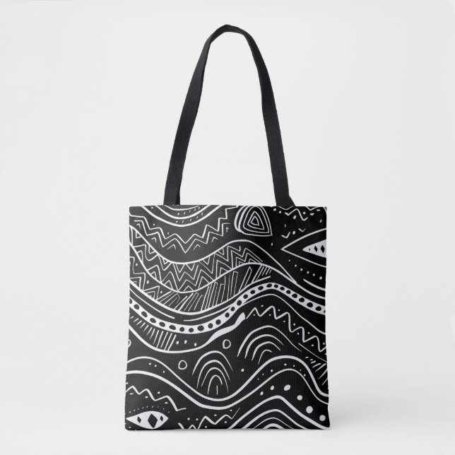 Black Tote Bag with Abstract White Pattern (Front)