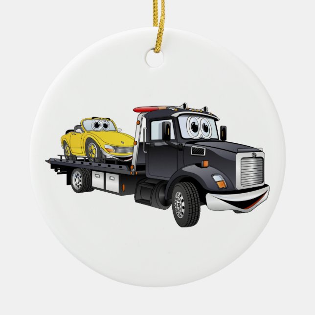 Black Tow Truck Flatbed Cartoon Ceramic Tree Decoration (Front)