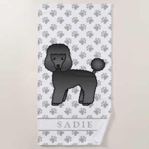 Black Toy Poodle Cute Cartoon Dog & Name Beach Towel