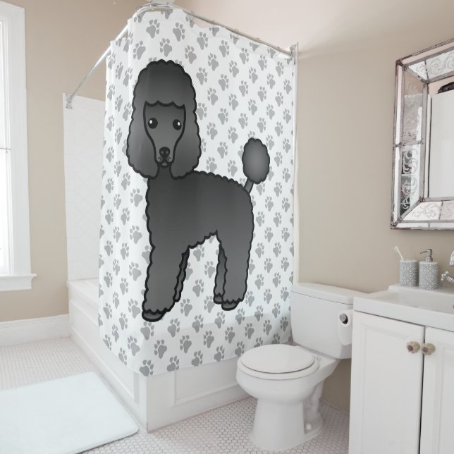 Black Toy Poodle Cute Cartoon Dog Shower Curtain (In Situ)