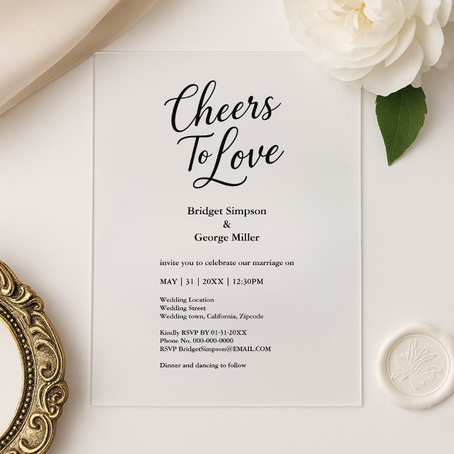 black transparent Cheers to Love Elegant Wedding  Acrylic Invitations (Creator Uploaded)