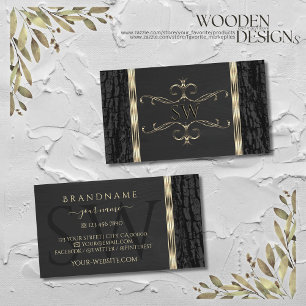 Black Tree Bark Grain Gold Ornate Border Monogram Business Card