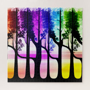 Black Tree Silhouettes in Abstract Colorful Forest Jigsaw Puzzle