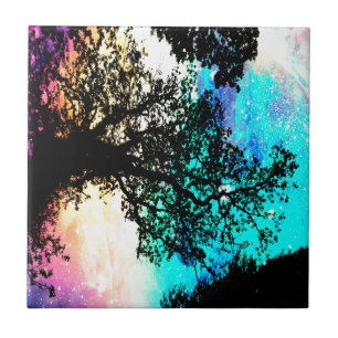 Black Trees Colourful Space Tile