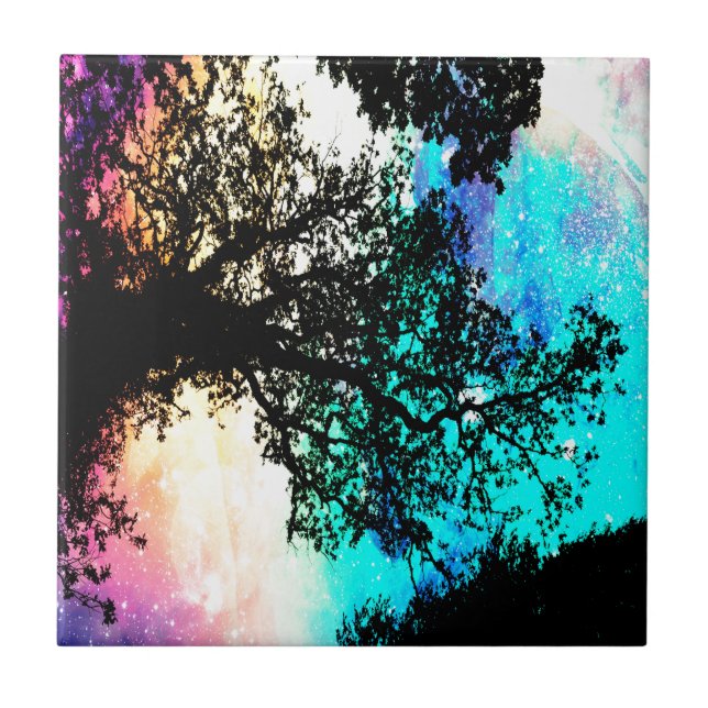 Black Trees Colourful Space Tile (Front)