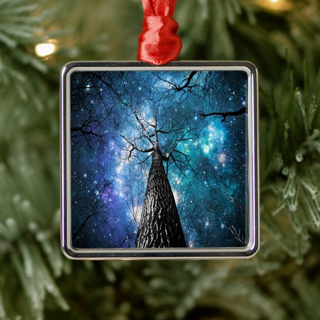 Black Trees Falling Stars Metal Ornament (Tree)