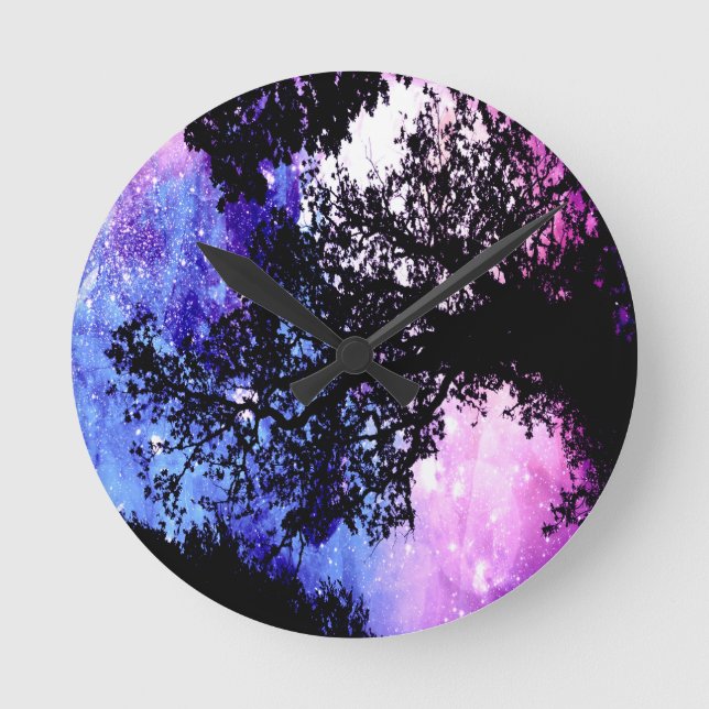 Black Trees Lavender Blue Space Round Clock (Front)