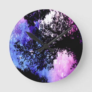 Black Trees Lavender Blue Space Round Clock