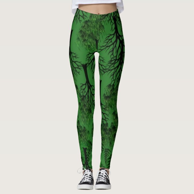 Black trees on dark green leggings (Front)