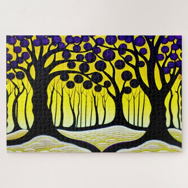 Black Trees Purple Fruit with Yellow Background Jigsaw Puzzle (Horizontal)