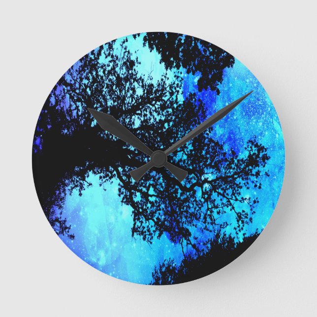 Black Trees Turquoise Periwinkle Space Round Clock (Front)