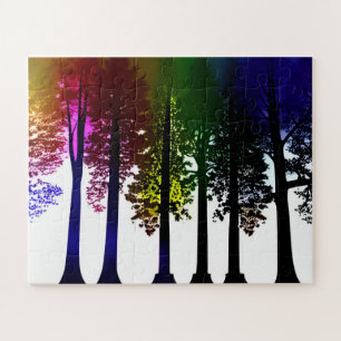 Black Trees with Coloured Leaves and White Backdro Jigsaw Puzzle
