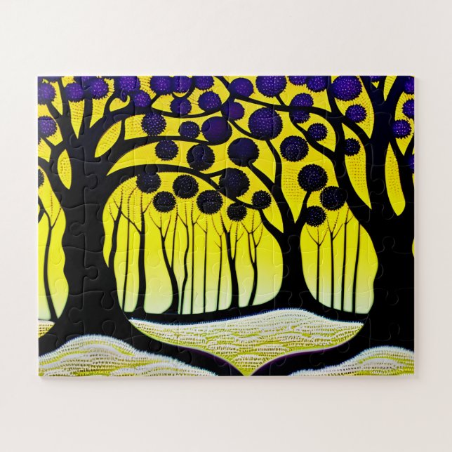 Black Trees with Purple Fruit Yellow Sky for Kids Jigsaw Puzzle (Horizontal)
